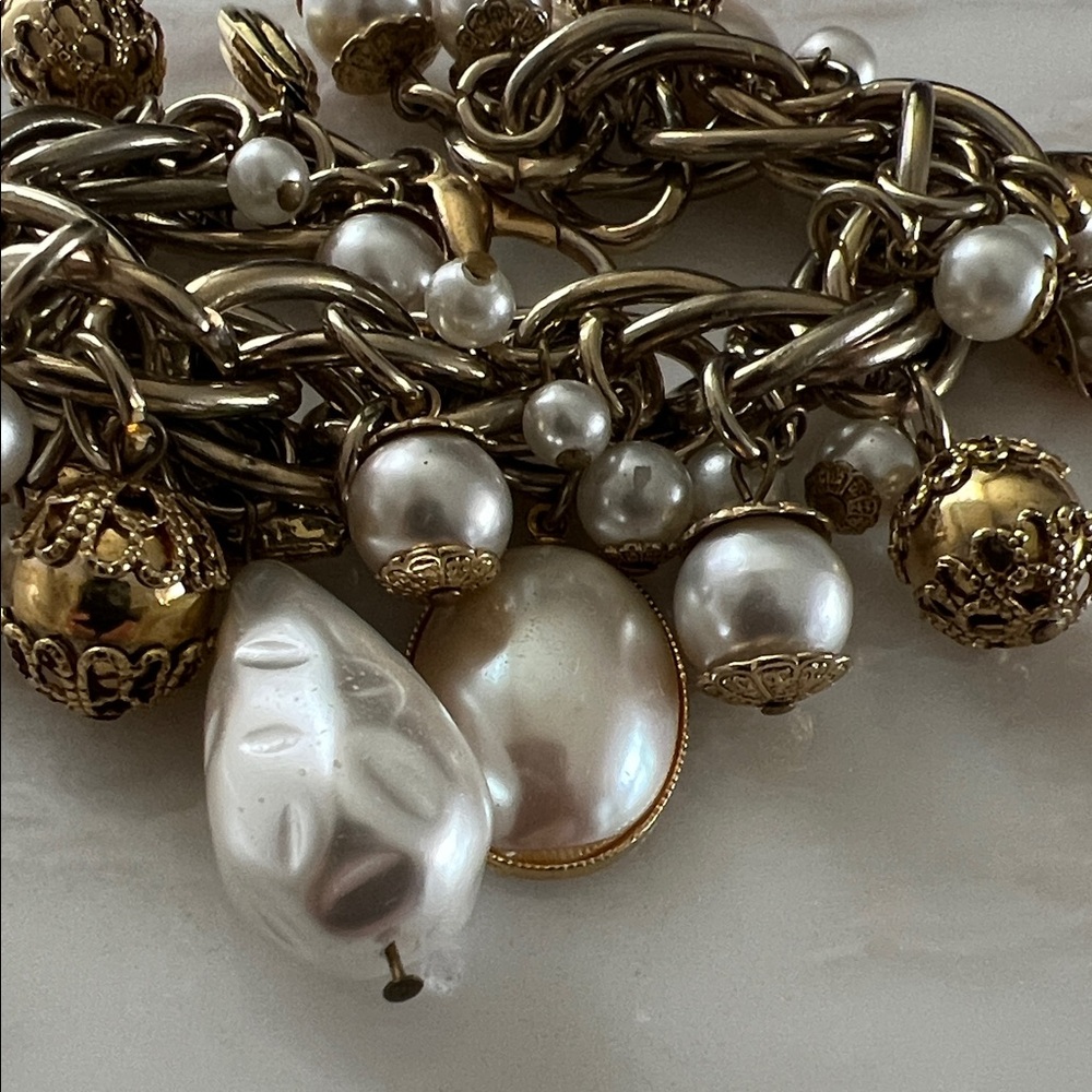 Holt Renfrew Vintage Elegant Gold and Silver and Pearl Charm Bracelet